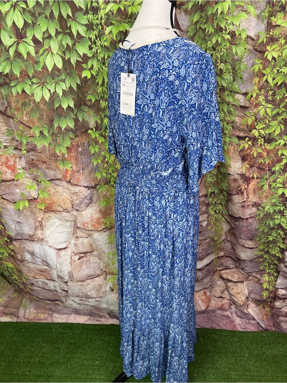 NWT ZARA Blue Floral Deep V-Neck Cottagecore Flutter Sleeve Maxi Dress, M - Picture 8 of 12